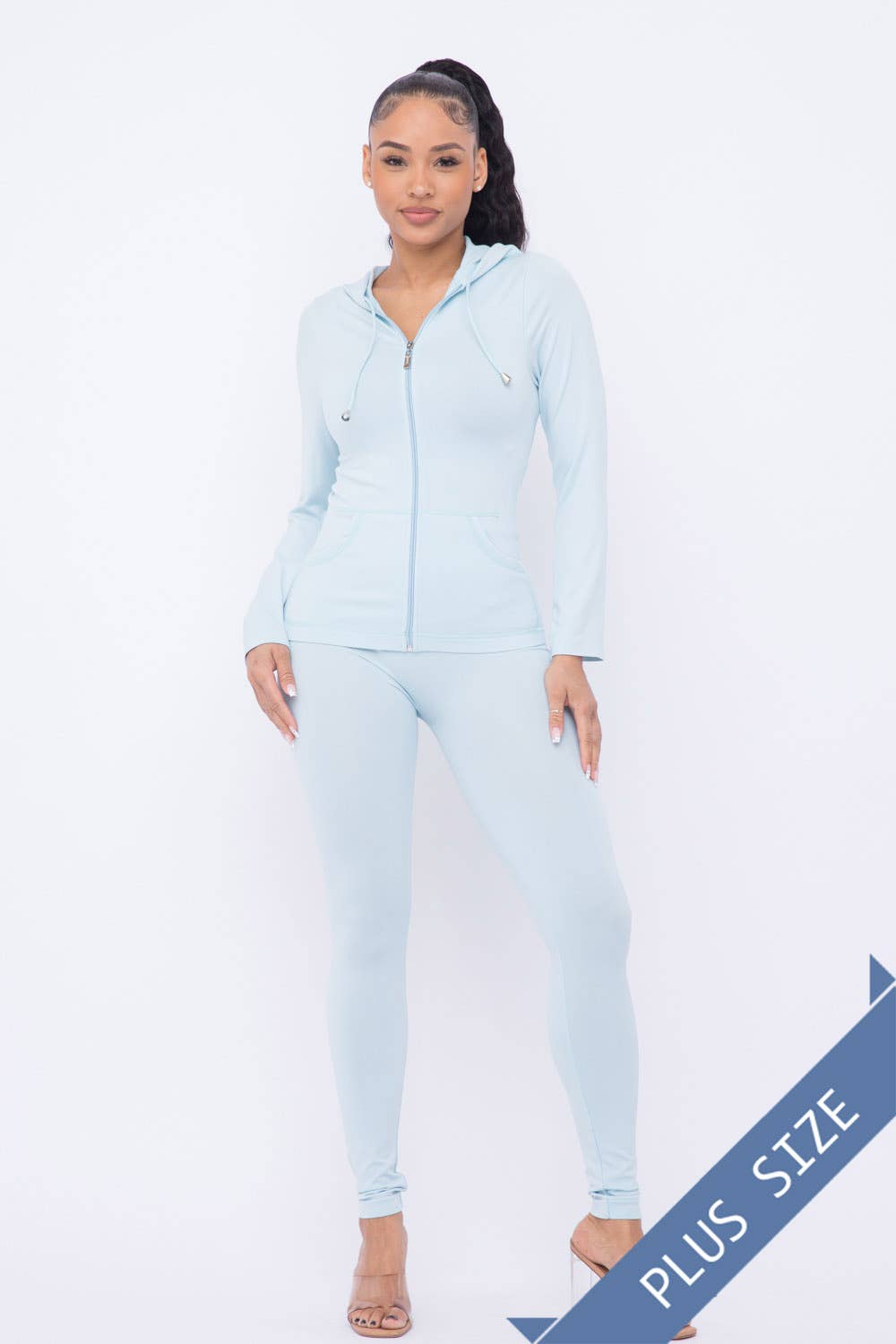 Plus Size Seamless Zip Up Hoodie Jacket And Leggings Set