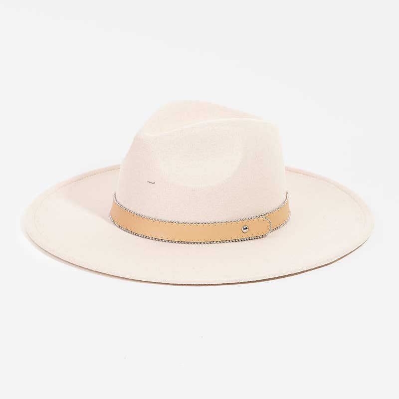 Faux Leather Strap Flat Brim Fedora Hat