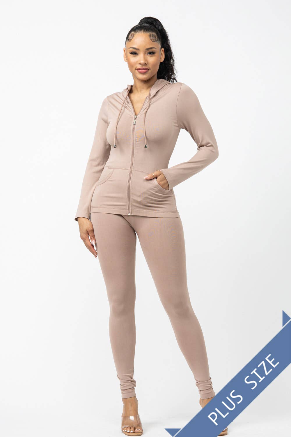 Plus Size Seamless Zip Up Hoodie Jacket And Leggings Set