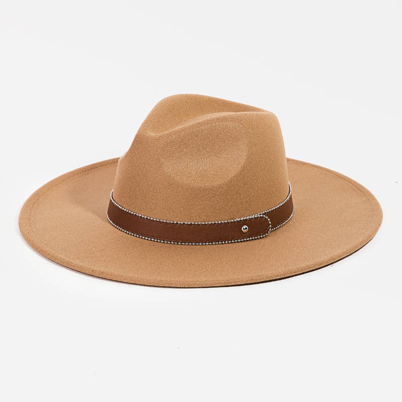 Faux Leather Strap Flat Brim Fedora Hat