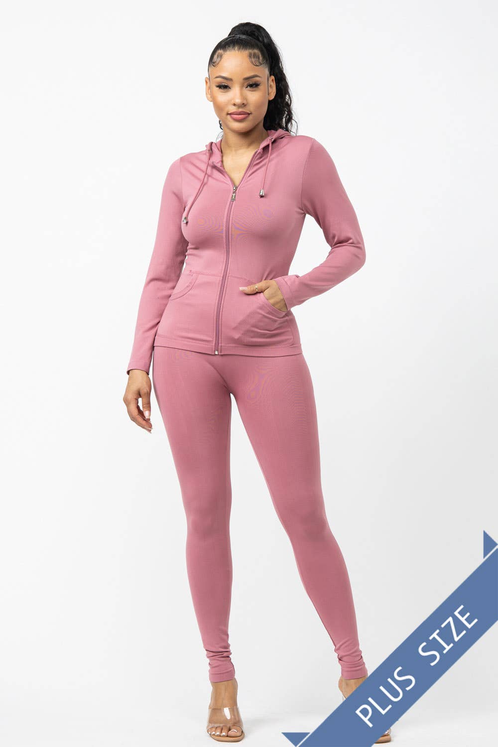 Plus Size Seamless Zip Up Hoodie Jacket And Leggings Set