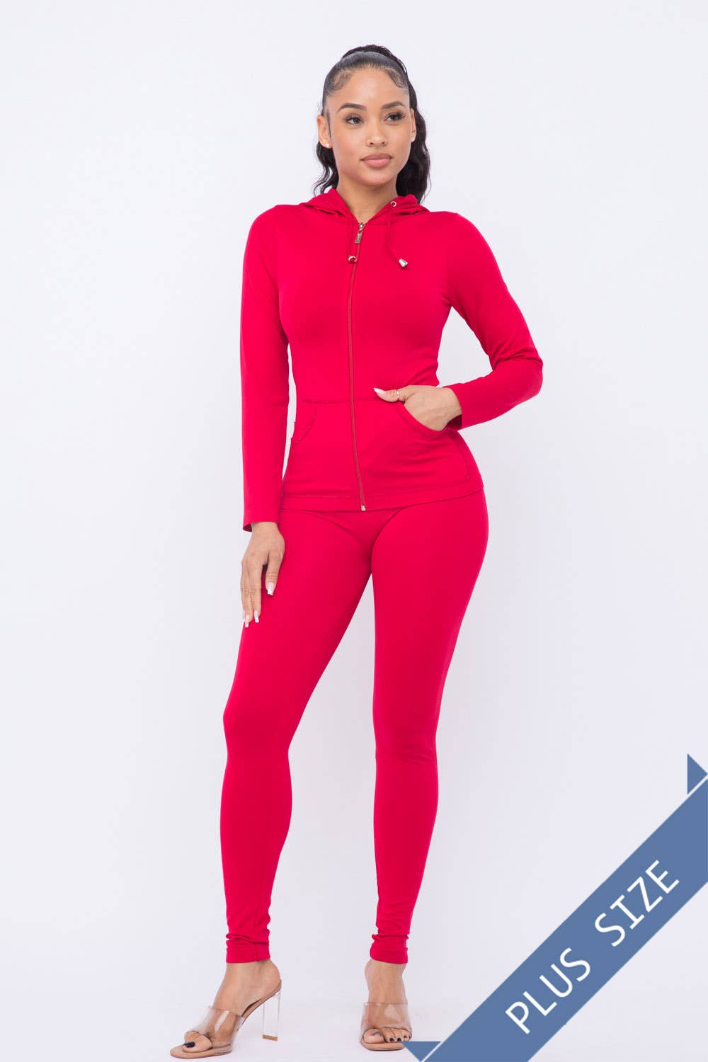 Plus Size Seamless Zip Up Hoodie Jacket And Leggings Set