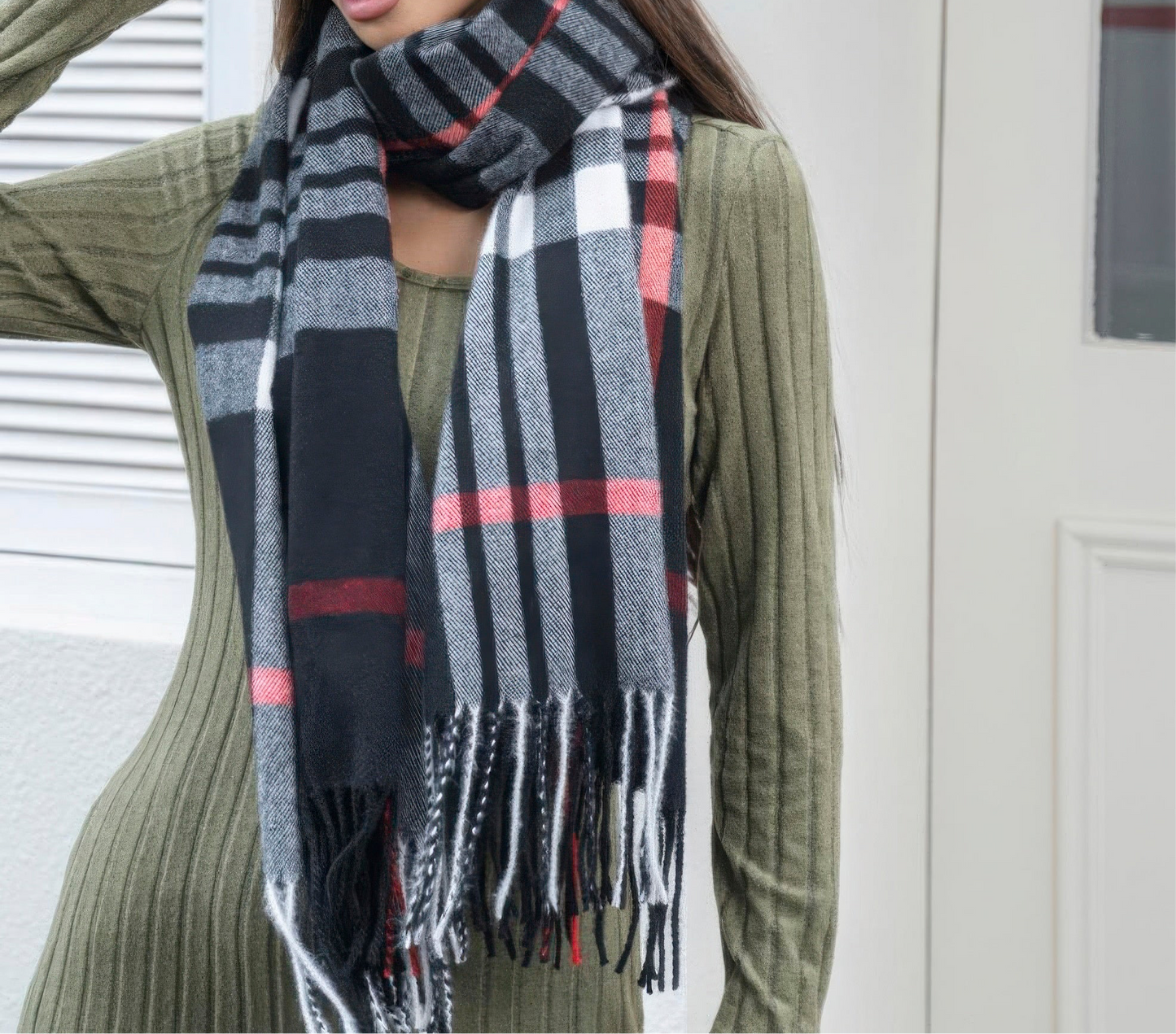 Plaid blanket scarf with tassel