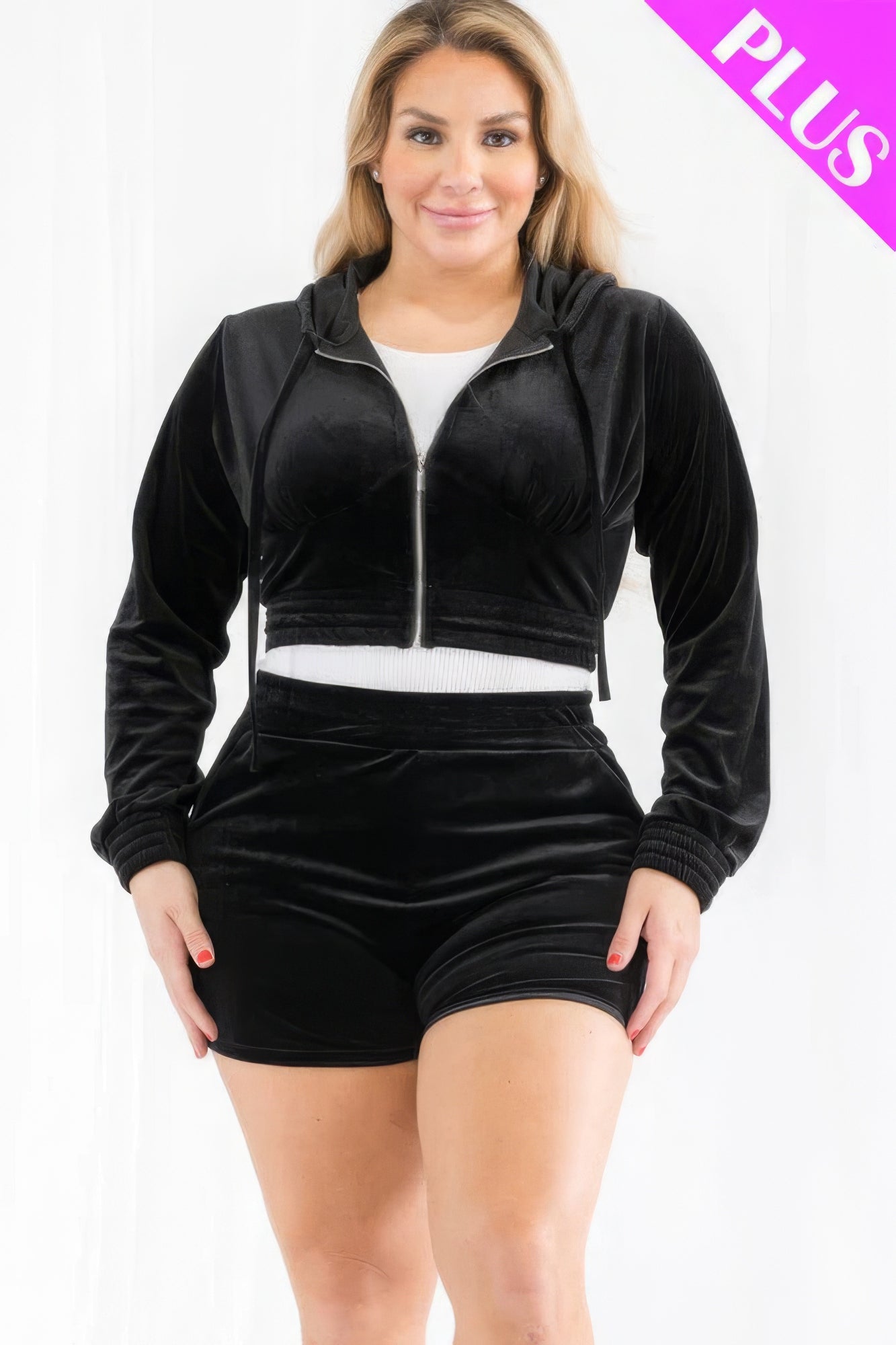 Plus Size Velour Crop Zip Up Hoodie And Shorts Set