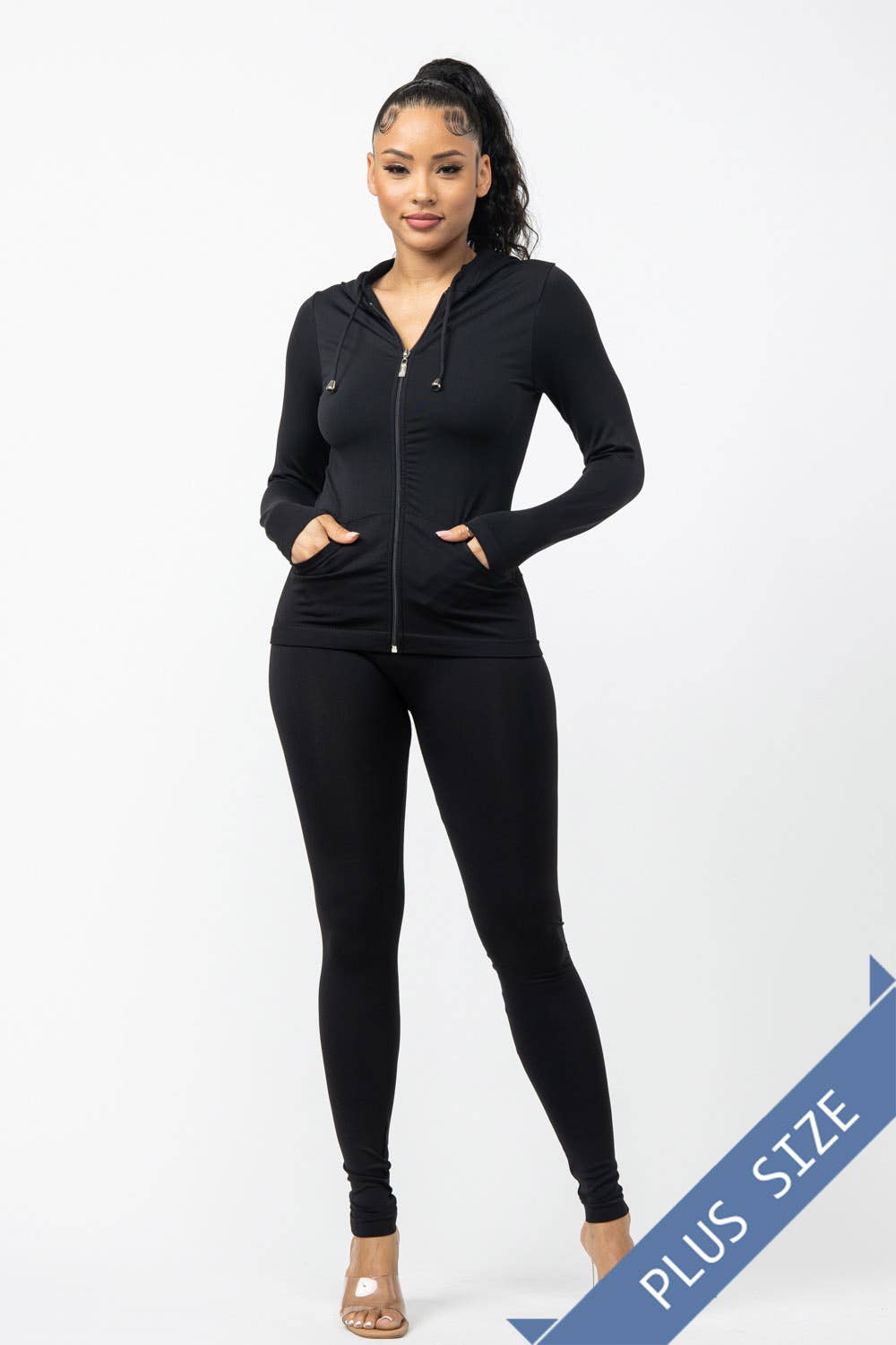 Plus Size Seamless Zip Up Hoodie Jacket And Leggings Set