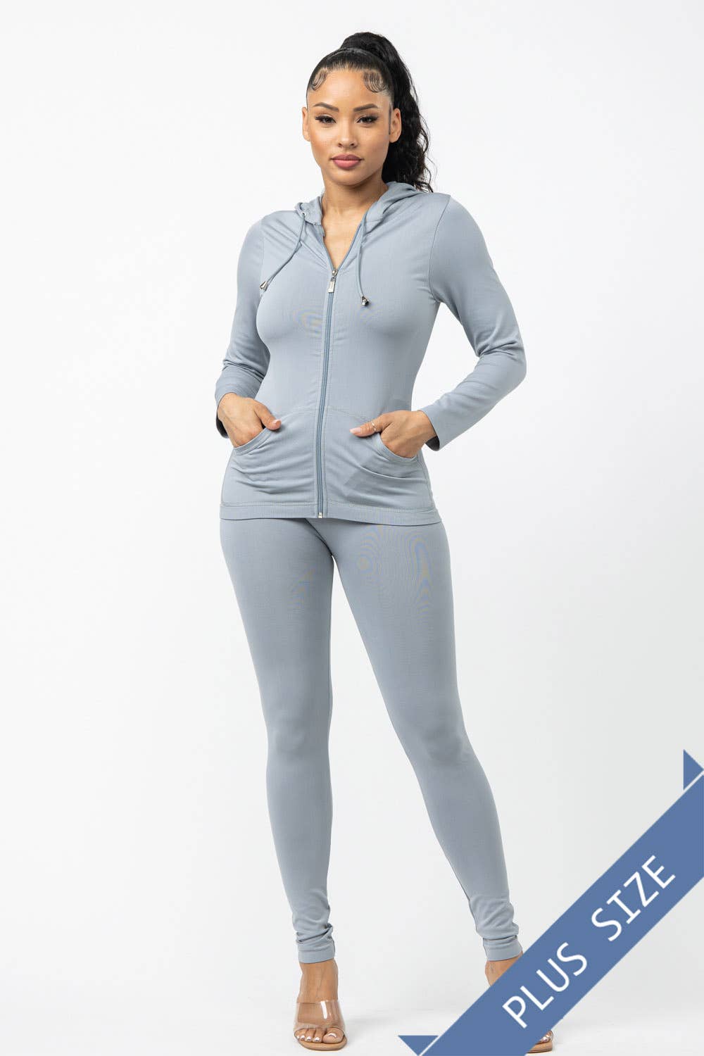 Plus Size Seamless Zip Up Hoodie Jacket And Leggings Set