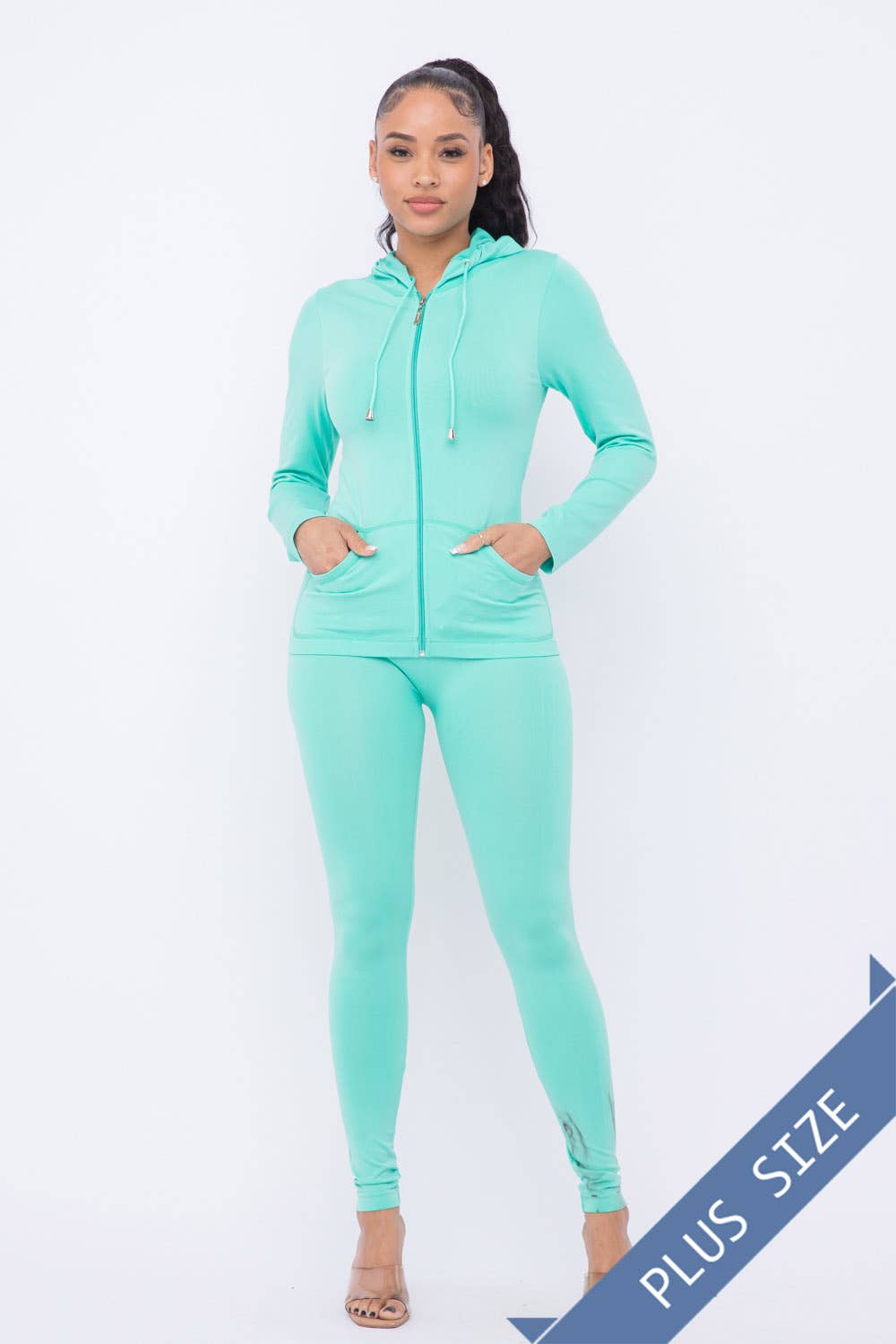 Plus Size Seamless Zip Up Hoodie Jacket And Leggings Set