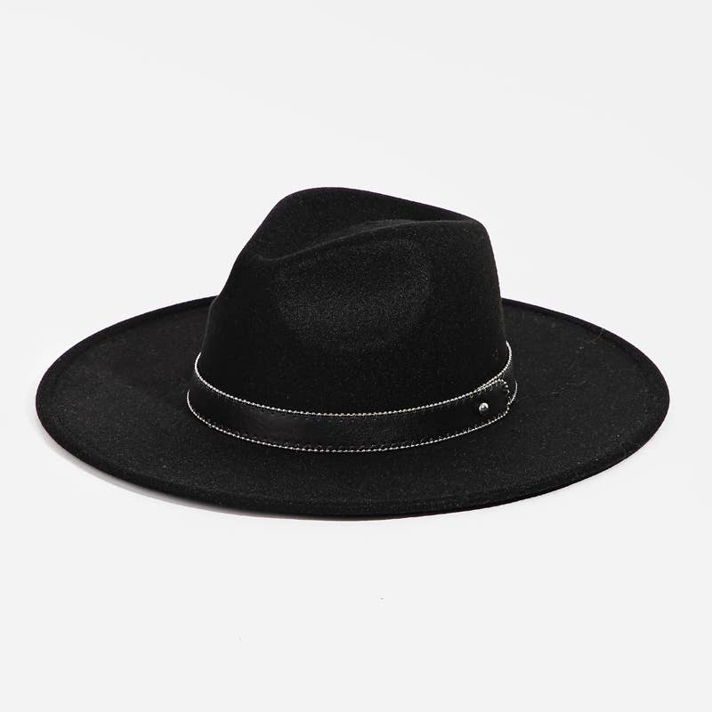 Faux Leather Strap Flat Brim Fedora Hat