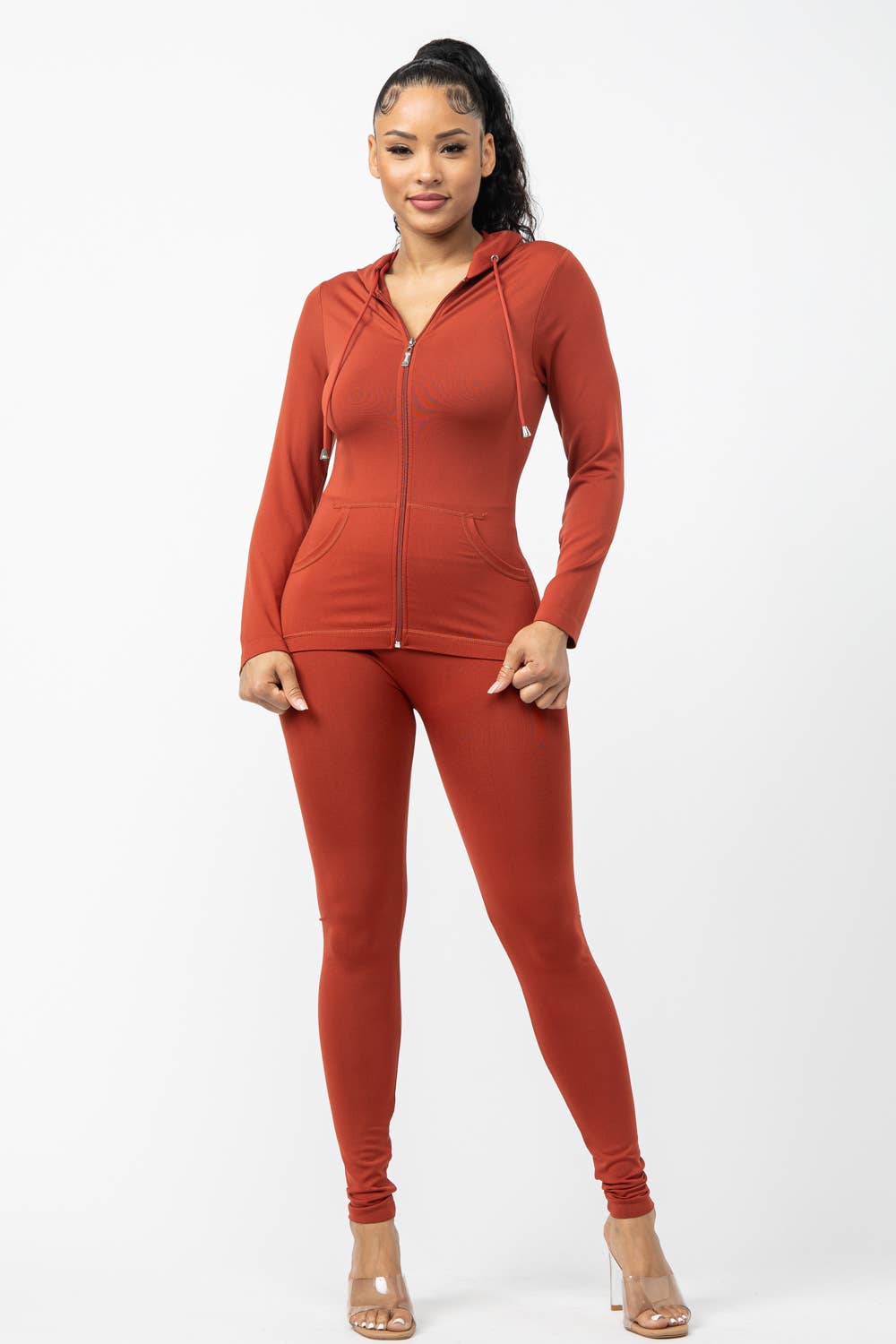 Plus Size Seamless Zip Up Hoodie Jacket And Leggings Set