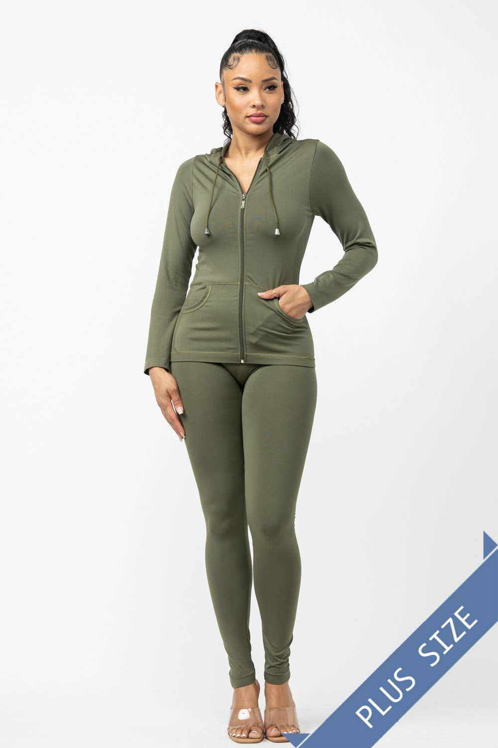 Plus Size Seamless Zip Up Hoodie Jacket And Leggings Set