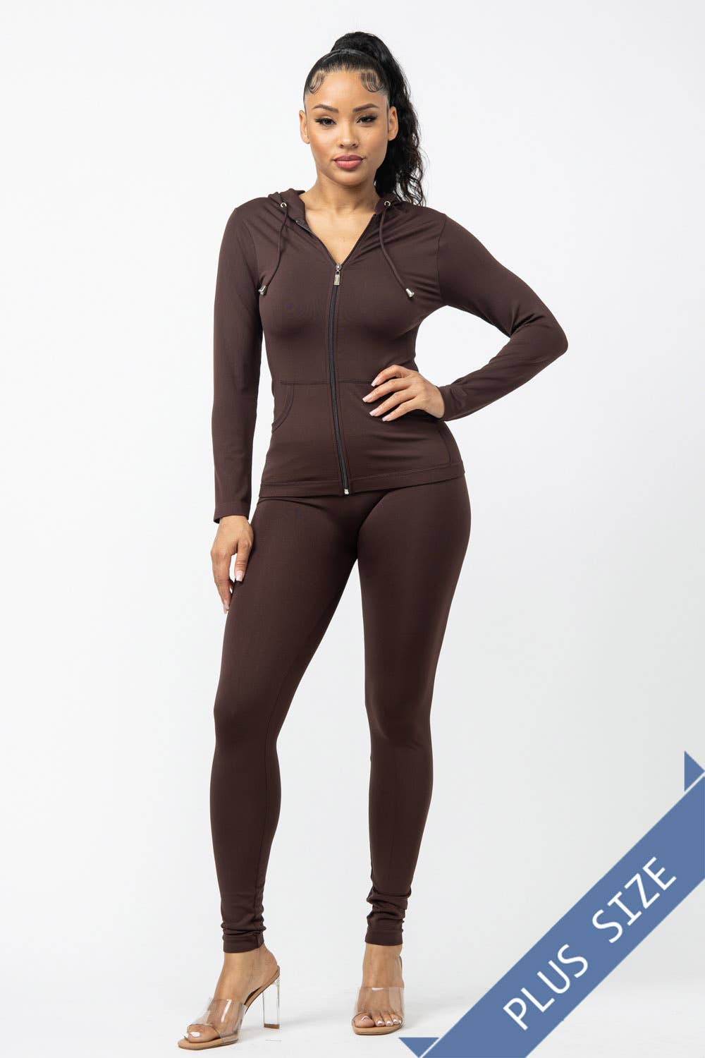 Plus Size Seamless Zip Up Hoodie Jacket And Leggings Set