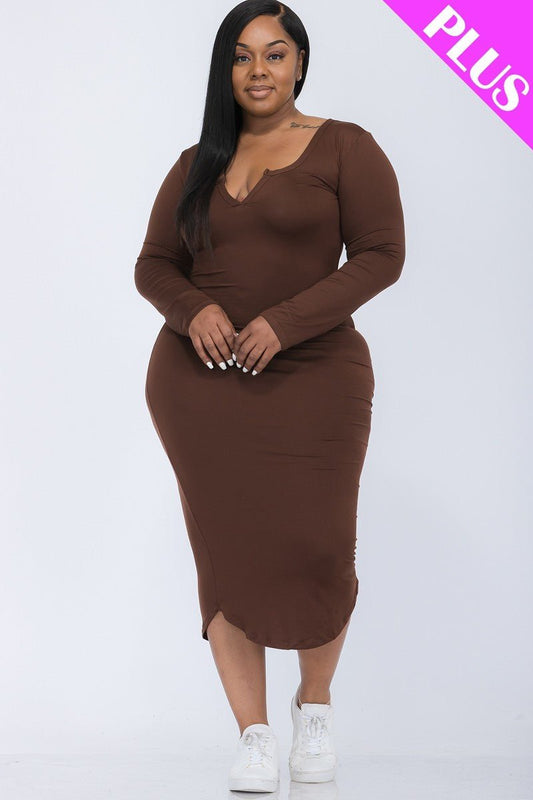 Plus Size Split Neck Long Sleeve Midi Dress - Niques_Boutique